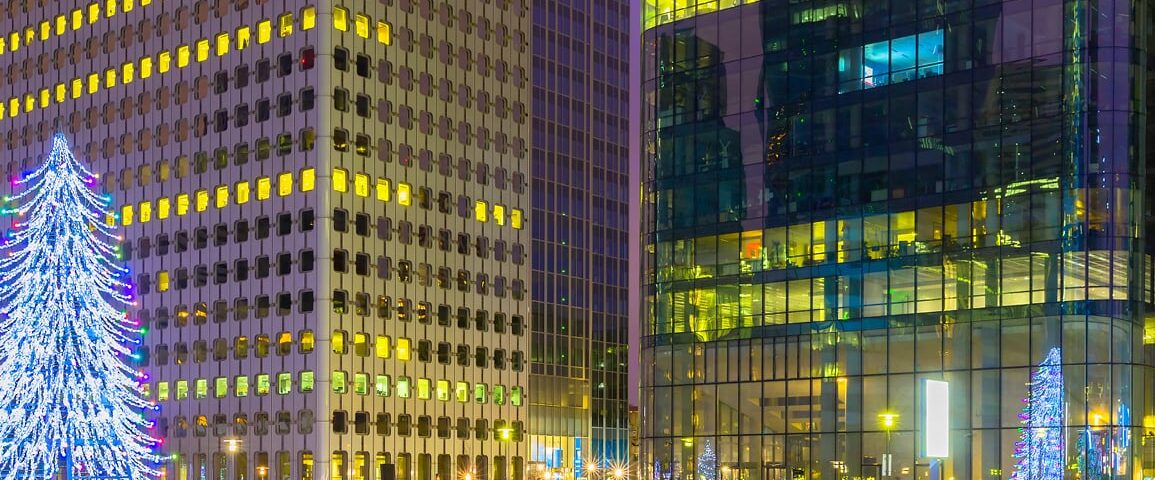 buildings with christmas trees