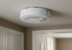 Modern ceiling-mounted fire and carbon monoxide detector with indicator lights.