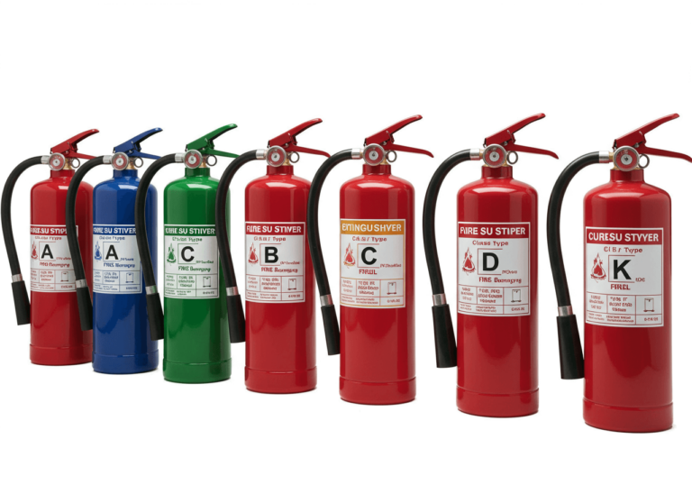 Six fire extinguishers are lined up, each a different color and labeled with a different fire class (A, A, B, C, D, K).